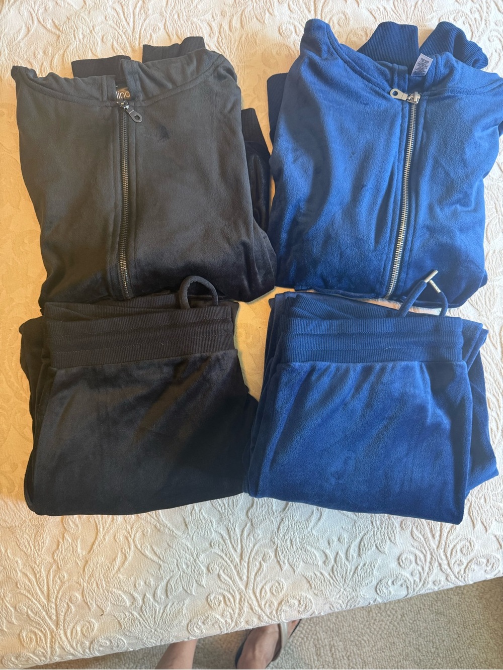 Two Felina Velour Zip Hooded Jacket & Jogger Set - Black and Royal Blue